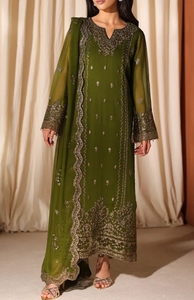Ensemble de mariage indien pakistanais Anarkali beige brodé, long jusqu'au sol, 3 pièces - Product Image 3