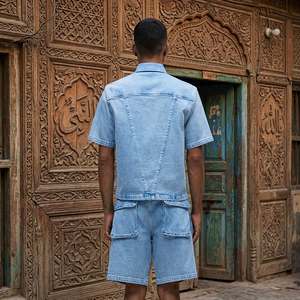Ensemble assorti en denim épais pour homme, personnalisé OEM, style streetwear, chemise utilitaire à manches courtes et short cargo longueur genou, ensemble 2 pièces - Product Image 3
