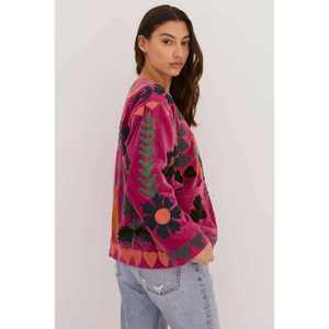 <span class=keywords><strong>Giacca</strong></span> in Cotone <span class=keywords><strong>Fucsia</strong></span> con Ricami Suzani, Motivi Floreali Artistici, Moda Bohémien per Donna, Abbigliamento Autunno-Inverno - Product Image 4