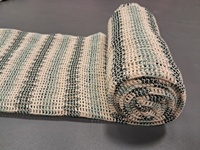Hochwertiger Häkelstrickstoff als Meterware - Dunkelgrün, Aqua und Creme Gestreiftes Strukturiertes Open-Weave-Material für Bekleidung