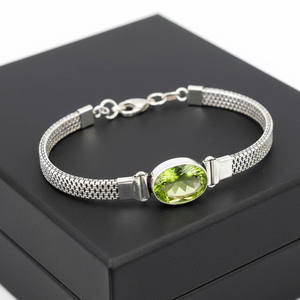 Bracelet en argent sterling 925 plaqué rhodium, fait main, style bohème, chaîne à maillons, pour femme, péridot vert, coupe ovale, réglable - Product Image 3