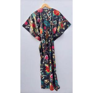 Bohemian <b>Black</b> Block Print Cotton <b>Kaftan</b> Maxi Dress Women V Neck <b>Kaftan</b> with Short Sleeves and Relaxed Resort Wear - Product Image 2