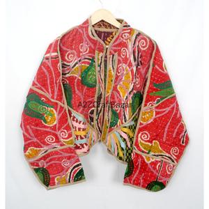 100% Cotton <b>Kantha</b> Handmade Quilted Nonwoven <b>Jacket</b> Floral Printed Open Front Eco-Friendly Breathable - Product Image 2