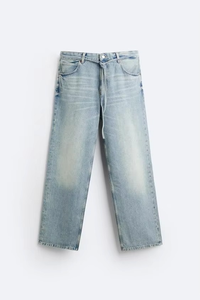 Jean baggy en denim délavé ultra large pour homme, bleu clair, coupe droite, en coton lavé, streetwear épais, grandes tailles - Product Image 1