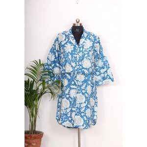 Vestido Kimono de Algodón para Mujer, Estilo Bohemio con Cinturón, Túnica Larga Elegante con Diseño Azul Luna, Cintura Natural - Product Image 1