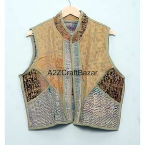 Handmade 100% Pure Cotton Kantha Women's Breathable <b>Quilted</b> Printed Non Woven Floral <b>Pattern</b> Spring/Autumn <b>Jacket</b> Cut Sleeve - Product Image 6