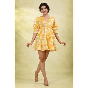 Vestido Mini Floral para Mujer, Amarillo, con Capas, Ecológico, Lavable, con Mangas 3/4, Ligero, Casual de Verano, Cintura Natural - Product Image 6