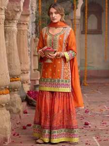 Designer Real <b>Mirror</b> Hand Work With <b>Chain</b> Sequence Work Chinon SIlk Readymade Top With Plazzo And Dupatta Set - Product Image 4