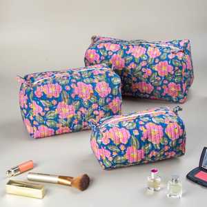 Set of 3 Indian Cotton Floral Print Toiletry Bags Quilted Wash Bag Shaving Kit Vanity Case Travel and Makeup Pouches - Product Image 6