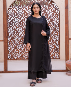 Women's <b>Black</b> Cotton Modest <b>Floor</b>-<b>Length</b> <b>Dress</b> With Embroidered Sleeves And Neckline For Casual Wear India Pakistan Style - Product Image 3