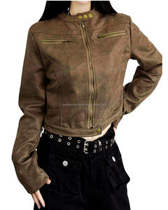 Zipper Closure Motorcycle <b>Jacket</b> with Regular Sleeves Polyester Zipper <b>Jacket</b> Thick V-neck Genuine Zipper Leather <b>Jacket</b> - Product Image 6