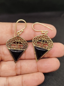 Premium quality smooth black onyx round shape drop stud <b>earring</b> brass 18k gold plated double gemstone fashion jewelry <b>earrings</b> - Product Image 4