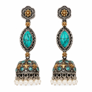 ARTS JEWELS Women's Brass Oxidized <b>Silver</b> Two-Tone Antique Flower Bohemia Chandelier <b>Earrings</b> Bezel Setting Turquoise Stone - Product Image 1