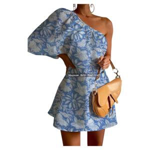 Nouvelle Robe Sexy Imprimée à Une Épaule avec Manches Bouffantes et Découpes, Tenue Décontractée Colorée pour Soirées et Clubs, Imprimée à la Main - Product Image 4