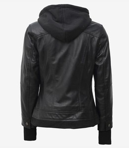 Chaqueta Bomber de Cuero Genuino para Mujer, con Capucha Desmontable, Negra, Corte Ajustado, Estilo Moto, Teñido Satinado, Impermeable, Resistente al Viento, Personalizable OEM, Venta al Por Mayor - Product Image 4