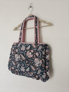 Casual Floral Print Cotton <b>Laptop</b> Tote <b>Bag</b> Ruffled Edges Striped Handles Shoulder <b>Carry</b> Quilted Rajasthan Daily Use Portable - Product Image 5