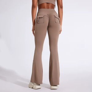 Custom Wholesale High Quality Womens Gym <b>Flare</b> Pants Spandex/Polyester High Waist Yoga <b>Leggings</b> Solid Breathable Quick Dry - Product Image 4