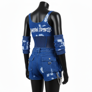 Traje de baño para mujer, 225 GSM, poliéster y spandex de alta elasticidad, estilo denim, azul océano, panel de malla, logotipo sublimado. - Product Image 4