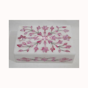 Caja de joyería con incrustaciones de madreperla azul mármol blanco natural forma Rectangular diseño Floral hecho a mano utilizado para embalaje de collar - Product Image 3