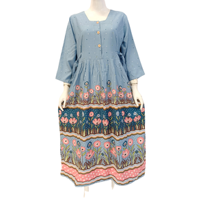 Robe midi décontractée pour femmes, bleu rayé, imprimé floral, manches trois quarts, col carré, coupe ample, coton respirant, tenue de tous les jours - Product Image 2