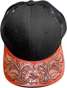 Leather Cap Western Summer Trucker Hand <b>tooled</b> Hat Patch Hat Handmade Summer Cap - Product Image 2