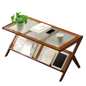 Tavolino da Caffè in Rattan Stile Mid-Century Moderno con Piano in Vetro per Soggiorno, Grande Tavolo Centrale Boho con Vano Portaoggetti per Arredamento Elegante - Product Image 6