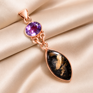 Pendentif en Nuummite et Améthyste Naturels, Argent Sterling 925 Plaqué Or Rose et Or Jaune, Bijou Fait Main en Pierres Précieuses, Cadeau pour Homme et Femme - Product Image 3