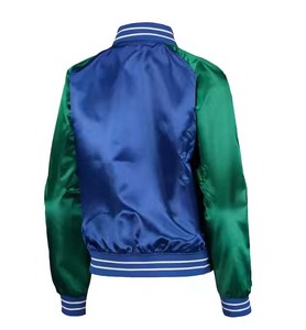 Custom Satin Blue Hooded Varsity <b>Jacket</b> Green Sleeves Patchwork Cartoon Design 100% Wool Premium Quality College Letterman - Product Image 4