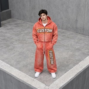 Ensemble tendance pour homme : sweat à capuche et pantalon de survêtement 480 GSM, coupe oversize, délavé à l'acide, orné de strass et de chenille – Vêtements urbains haut de gamme - Product Image 3