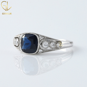 Blue Sapphire <b>Cushion</b> Cut Moissanite Diamond Ring Vintage Art Deco Milgrain Bezel Set 18k White Gold Engagement Ring - Product Image 3