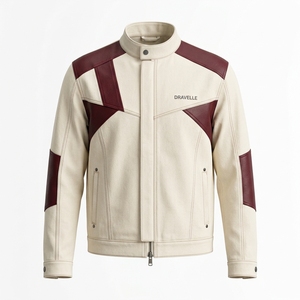 Chaqueta de Cuero y Lona con Parches Color Crema y Borgoña, Cuello Alto, Estilo Motociclista, para Hombre, Fabricante OEM - Product Image 1