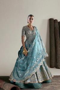 Premium Pakistani Bridle <b>Dress</b> Royal <b>Teal</b> Blue Sculptural Bridal Gown Featuring Bold Structured Padded Shoulders Intricate - Product Image 2