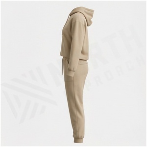 100% Cotton Women Midweight Fleece 2-Piece <b>Vintage</b> Hooded Sweatpants & Jacket Set Fall Winter Jogger <b>Tracksuit</b> - Product Image 3