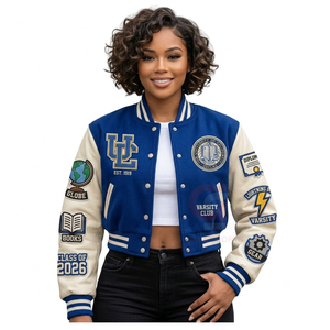 Chaquetas universitarias HBCU de diseño personalizado con logo, estilo béisbol, de lana con mangas de cuero, para mujer, estilo crop. - Product Image 4