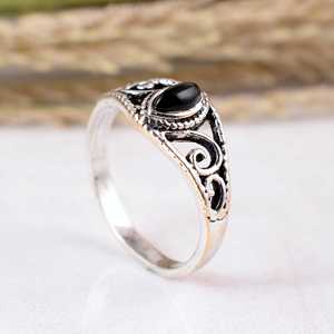 Vintage Victorian Style Black Obsidian Bezel Set Marquise <b>Solitaire</b> <b>Ring</b> Antique Finish 925 <b>Silver</b> Boho Chic Ethnic Artisan - Product Image 4