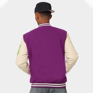 OEM Custom Purple Wool Body Cream Leather Sleeve <b>Varsity</b> <b>Bomber</b> <b>Jacket</b> <b>Men</b> Streetwear College Baseball <b>Jacket</b> Wholesale - Product Image 2