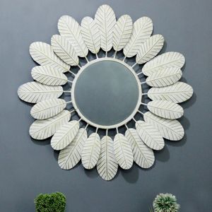 Miroir rond encadré de feuilles blanches, décoration murale en bois shabby chic pour chambre à coucher, salon, hôtel, décoration de la maison - Product Image 3