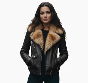 Blouson bomber tendance pour femme en cuir véritable avec col en fourrure, coupe-vent d'hiver, épais, manches longues, longueur standard, vêtement de mode - Product Image 1