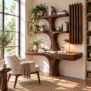 Bureau mural contemporain en bois Luxali avec étagères en forme d'arbre et tiroir pour bureau à domicile - Product Image 2