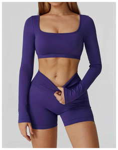 Red Two Piece Yoga Set <b>Square</b> <b>Neck</b> <b>Long</b> <b>Sleeve</b> High Waist Shorts Backless Crisscross Straps Seamless Solid Pattern - Product Image 3