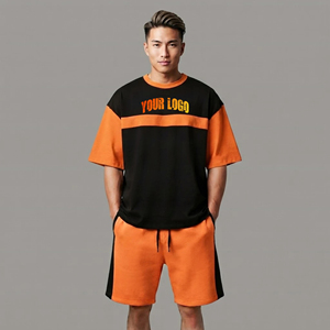 Ensemble streetwear été personnalisé avec logo, t-shirt et short bicolores imprimés, ensemble 2 pièces hip hop pour homme - Product Image 1