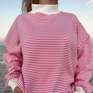 Sudadera de cuello alto personalizada al por mayor para mujer, informal, holgada, de manga larga, en rosa oscuro y blanco liso - Product Image 3