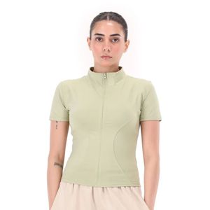 Haut ajusté vert clair à manches courtes et col montant pour femme, avec demi-fermeture éclair sur le devant, coupe slim, chemise décontractée basique extensible, vêtement de mode quotidien - Product Image 1