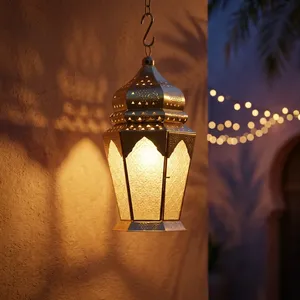 Moroccan Style <b>Brass</b> Hexagon Hanging <b>Lantern</b> Outdoor Decorative Pendant Lighting for Patio Garden - Product Image 1