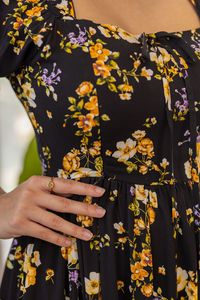 Floral Print <b>Black</b> A-Line Midi <b>Dress</b> With Square Neck Cap Sleeve Casual Summer Woven <b>Dress</b> Beautiful <b>Dress</b> Women Elegant - Product Image 4