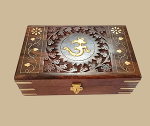 Om Vintage Style Durable Wooden <b>Storage</b> <b>Boxes</b> Engraved Design Buckle Closure Rectangle Shape Home Decor Jewelry Display <b>Brown</b> - Product Image 1