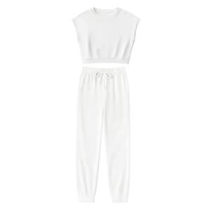 Ensemble deux pièces de haute qualité pour femmes, haut sans manches en tricot côtelé rayé et pantalon large, 100% coton, séchage rapide, fabriqué au Vietnam - Product Image 1