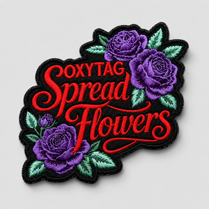 Parche Bordado Oxytag con Flores, Aplique Termoadhesivo, Forma Irregular, Rosas Púrpuras sobre Fondo Negro, Precio Económico, OEM - Product Image 1