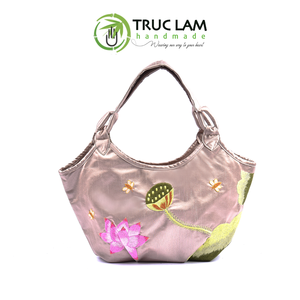 Sac en taffetas avec fond plissé ovale, ouverture incurvée, motifs lotus et abeilles cousus à la main, sac de voyage fait main, prix de gros - Product Image 1