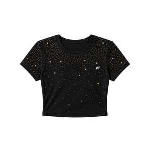 Women's Black Glitter <b>Rhinestones</b> Crop <b>Top</b> Short Sleeves Crew Neck Casual Blouse Elastic Knitted Fit All Seasons women's shirt - Product Image 3
